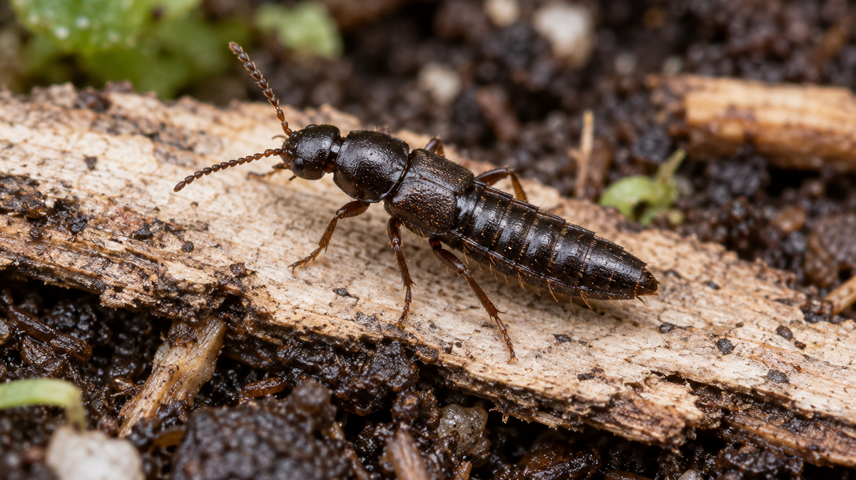 Photorealistic illustration of a rove beetle with short wing covers on bark.