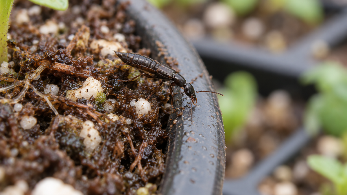 Photorealistic illustration of a rove beetle at the rim of a nursery pot.