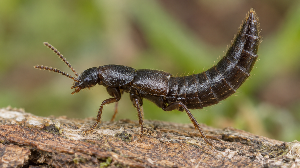 Photorealistic illustration of a rove beetle with its abdomen raised defensively.