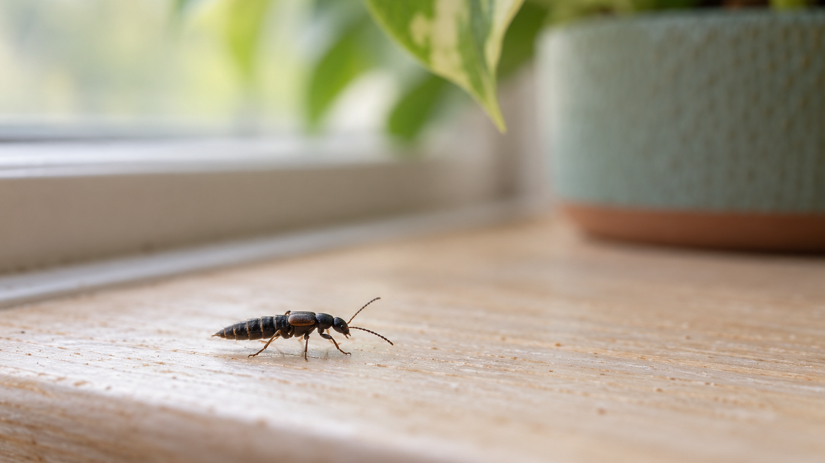Photorealistic illustration of a small rove beetle on an indoor windowsill.