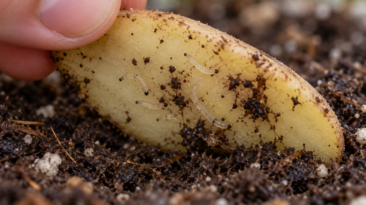 Photorealistic illustration of black-headed fungus gnat larvae under a raw potato slice.