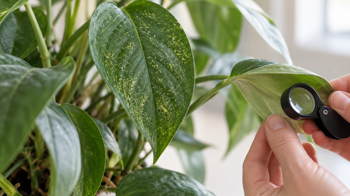 Close inspection of stippled houseplant foliage with a hand lens.