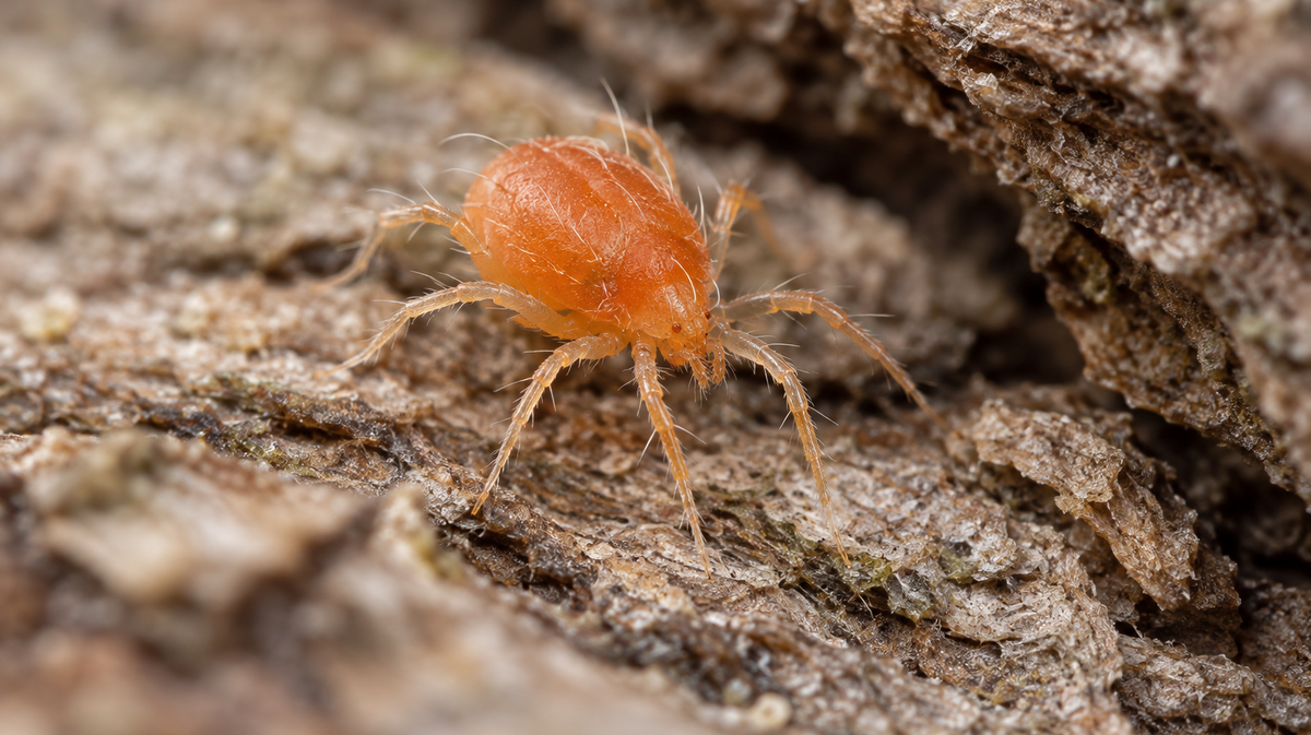 Photorealistic illustration of an orange overwintering spider mite on bark beside a sheltered crevice.