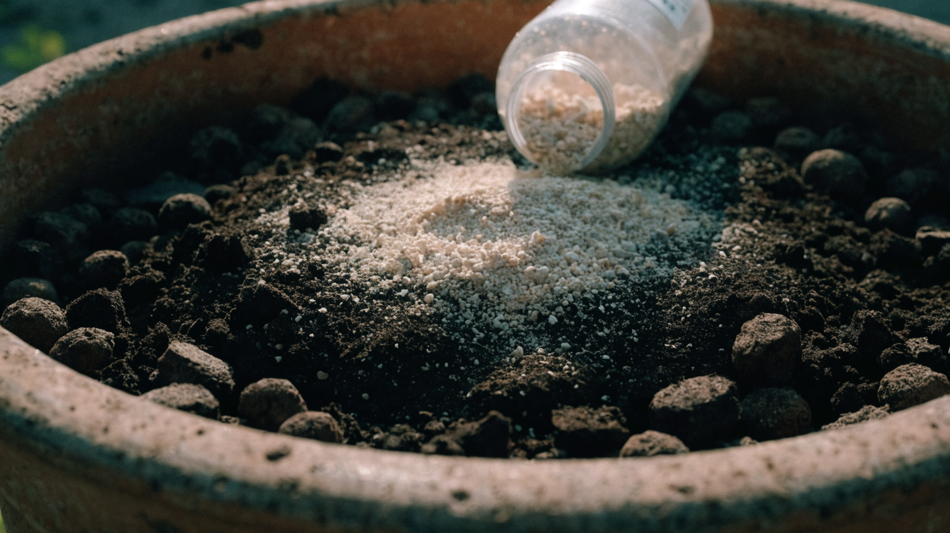 Pale granular carrier poured from a bottle onto dark potting substrate in a terracotta pot