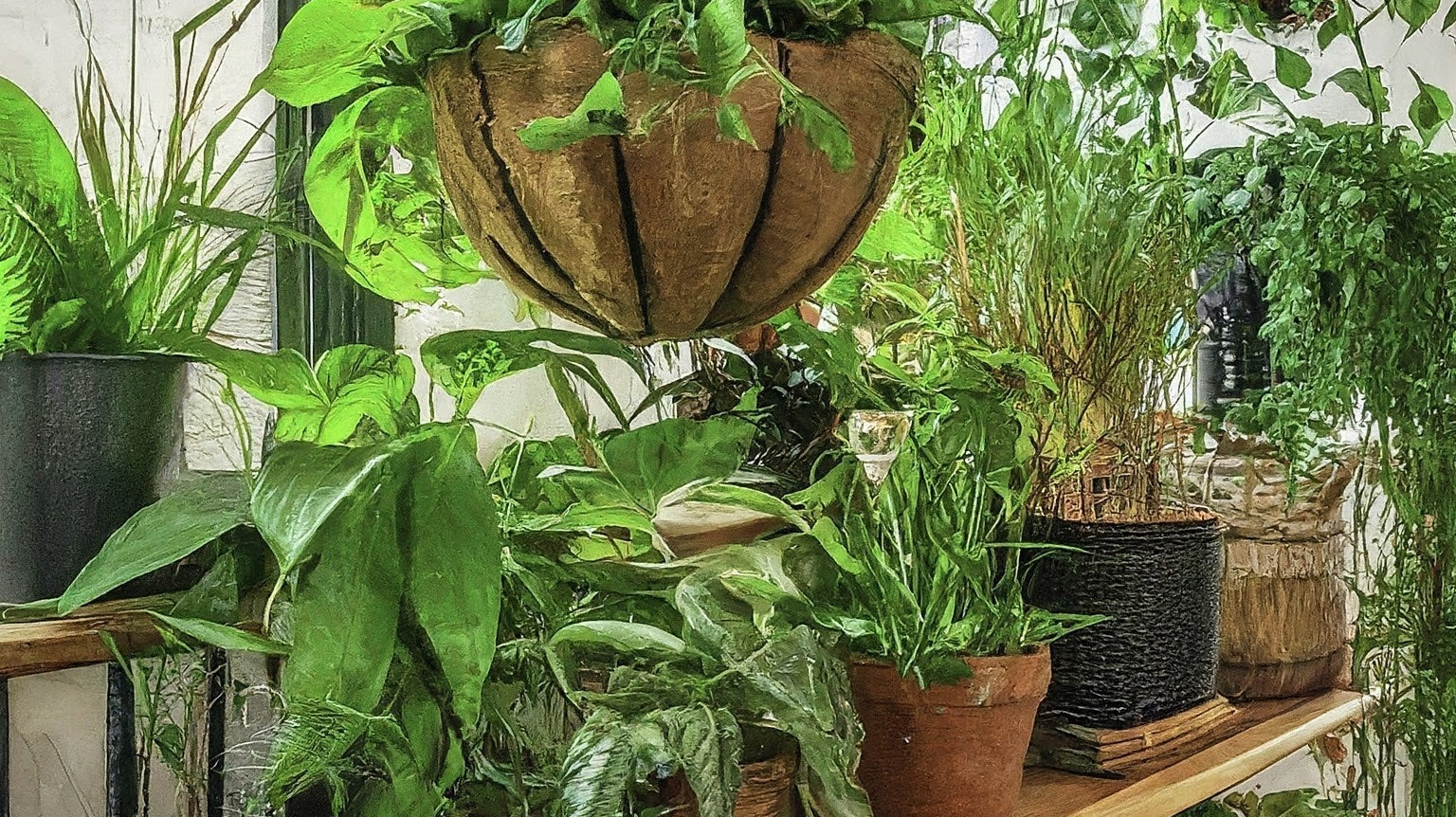 Indoor nursery with rare plants and greenery at FGMN, showcasing diverse foliage in hanging and potted arrangements.