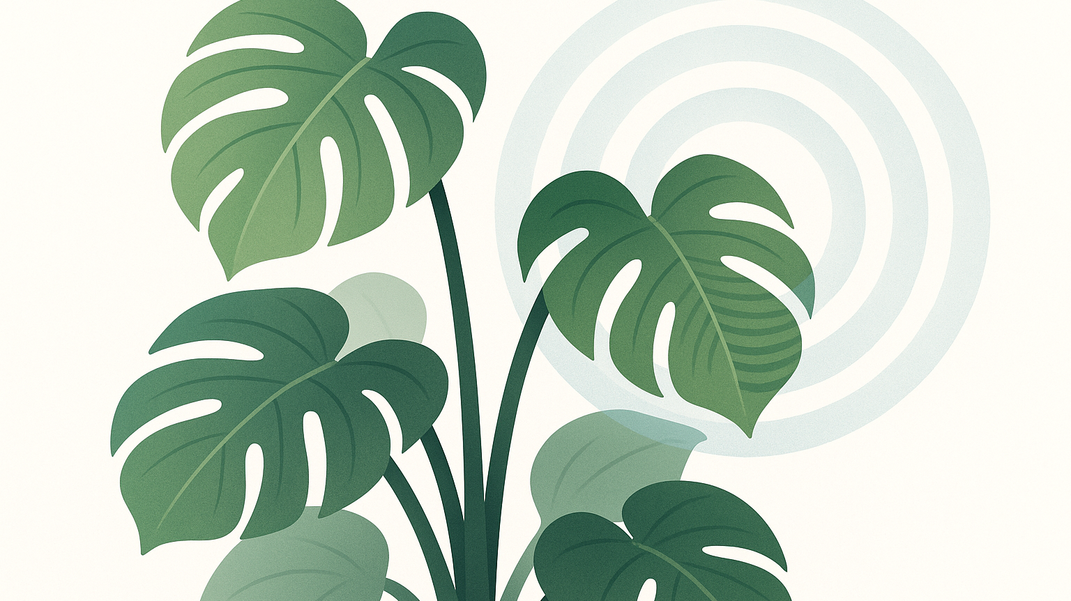 Editorial illustration of a Monstera plant with layered green leaves on a white background. Transparent blue vibration waves radiate outward from one leaf, symbolizing how plants sense touch.