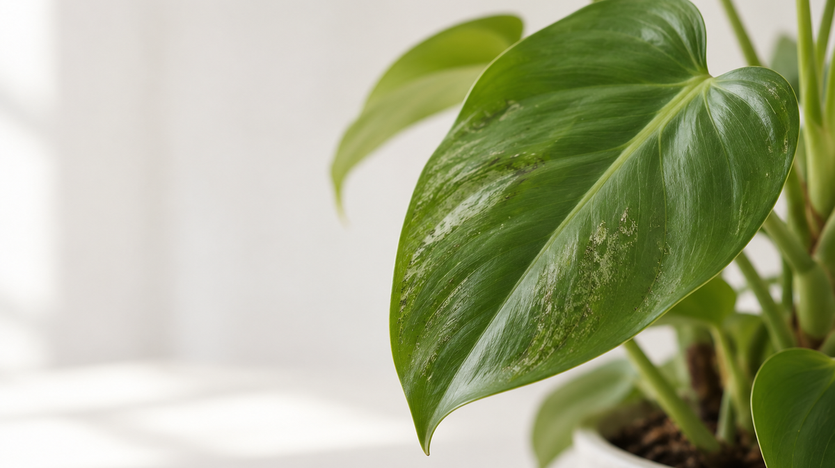 Generated editorial image of a philodendron leaf with pale surface scuffs.