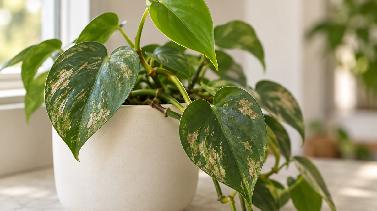 Philodendron with scarred mature leaves and healthy green new growth in natural window light.