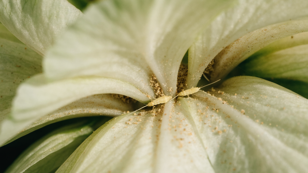 Macro looking into the throat of a pale flower, with two small slender pale thrips tucked into the crevice where the petals meet