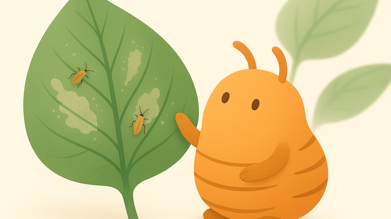 Illustration of a predatory mite observing thrips feeding damage on a green leaf, used as a header image for thrips treatment article