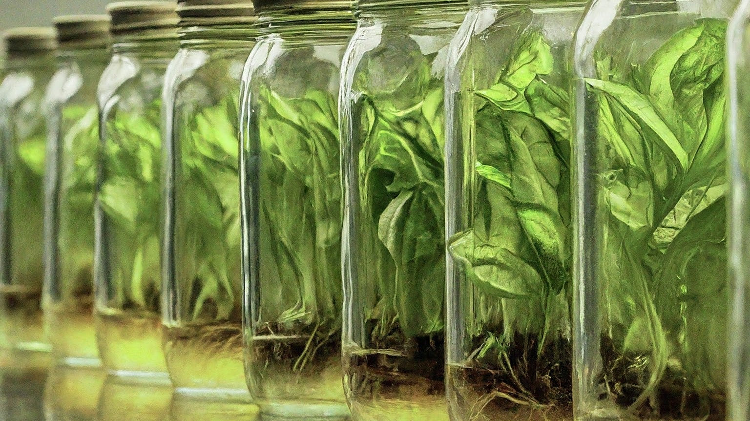 Tissue culture plant propagation with green seedlings in glass jars lined up in a laboratory setting.