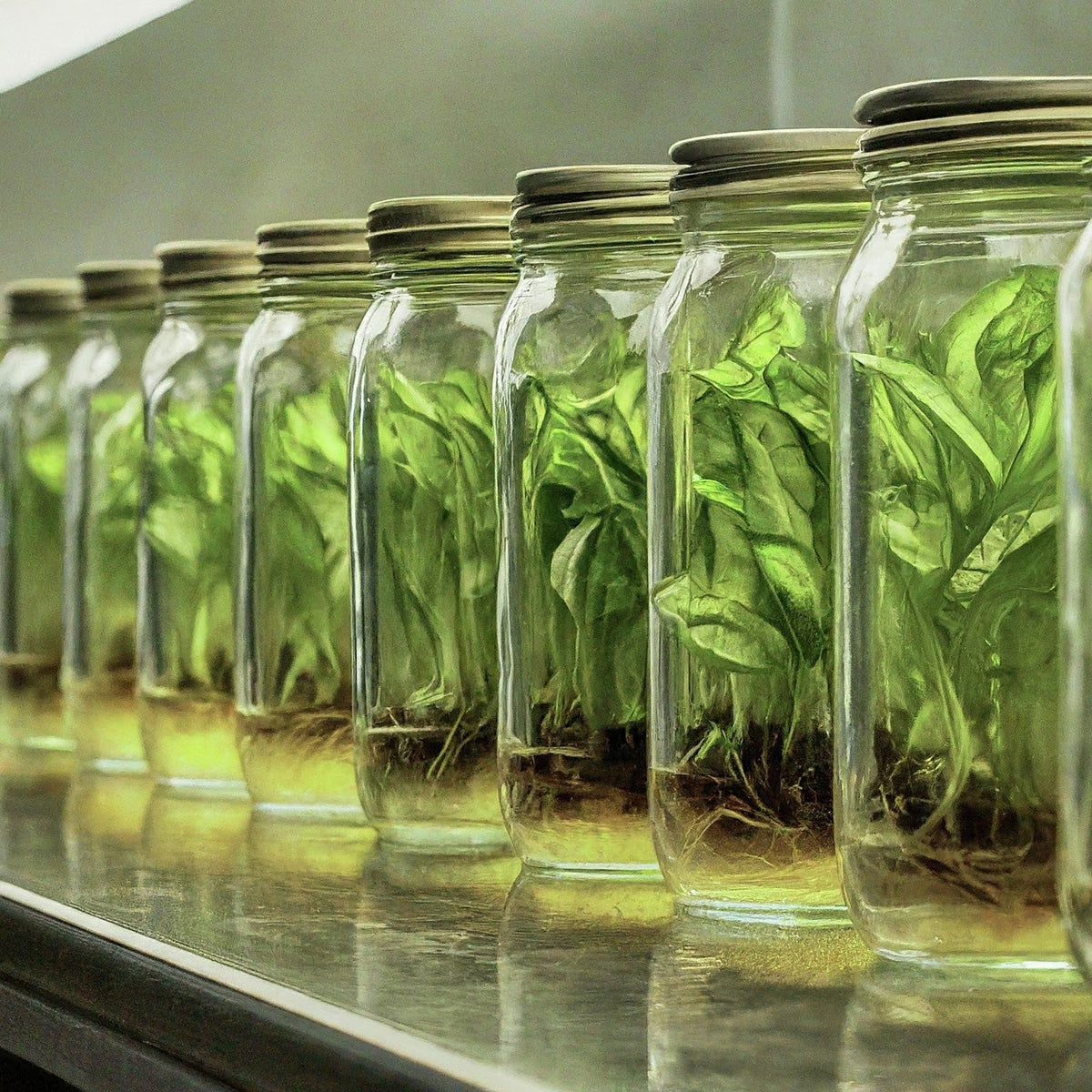 Tissue culture plant propagation with green seedlings in glass jars lined up in a laboratory setting.