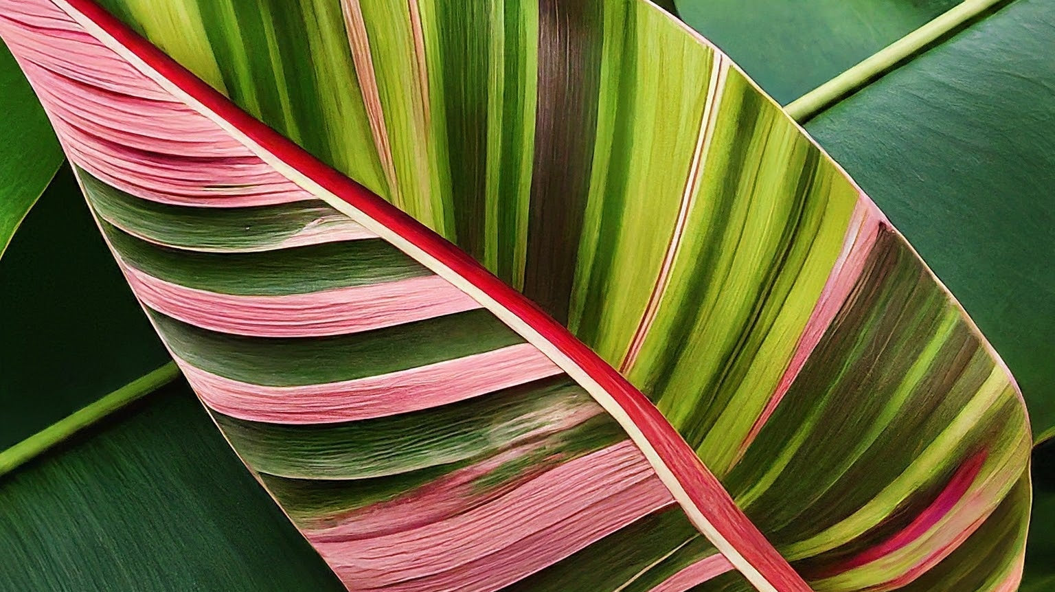 Close-up of a colorful banana leaf with vivid green and pink stripes, illustrating genetic diversity in Musa Nono banana plants.