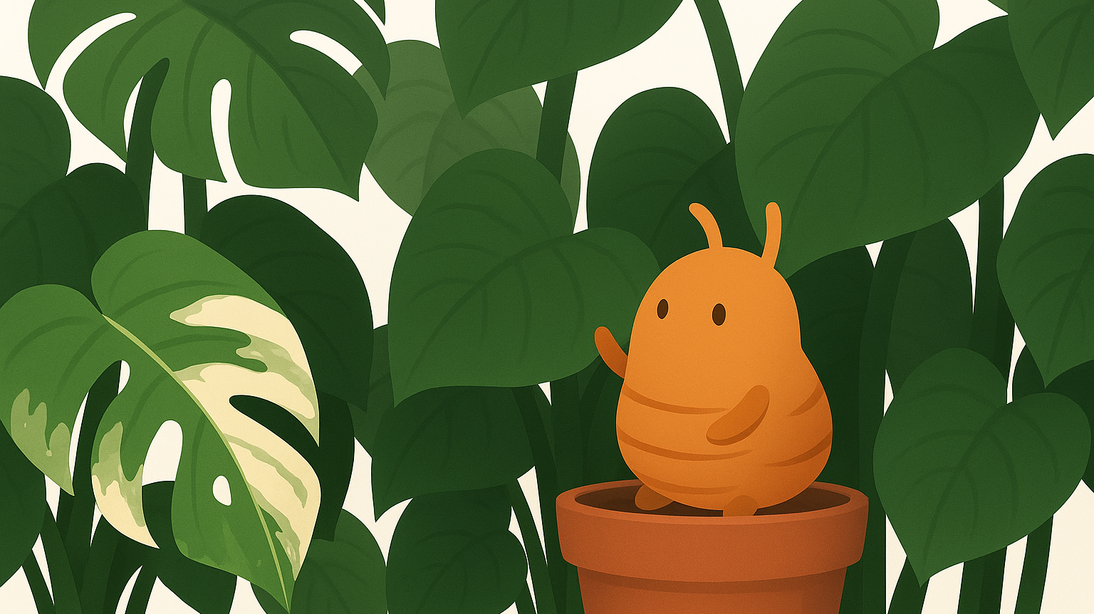 Editorial illustration of a variegated Monstera in a terracotta pot with bold cream-and-green leaves, greener background foliage, and a small cartoon predatory mite perched on the rim, showing how variegation fades in winter.