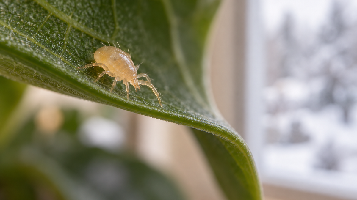 Predatory mite on an indoor leaf with winter softly blurred beyond the window