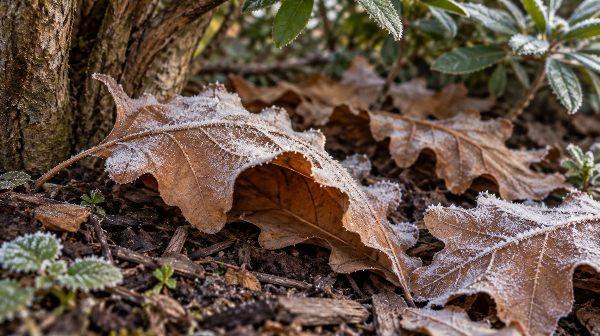 Frosted fallen leaves beneath a shrub beside rough bark