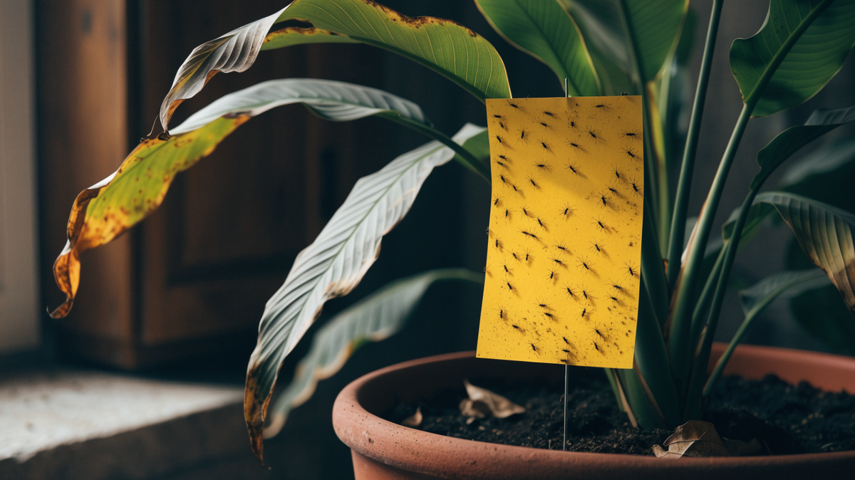 A yellow sticky trap staked in a houseplant pot, covered in caught fungus gnats