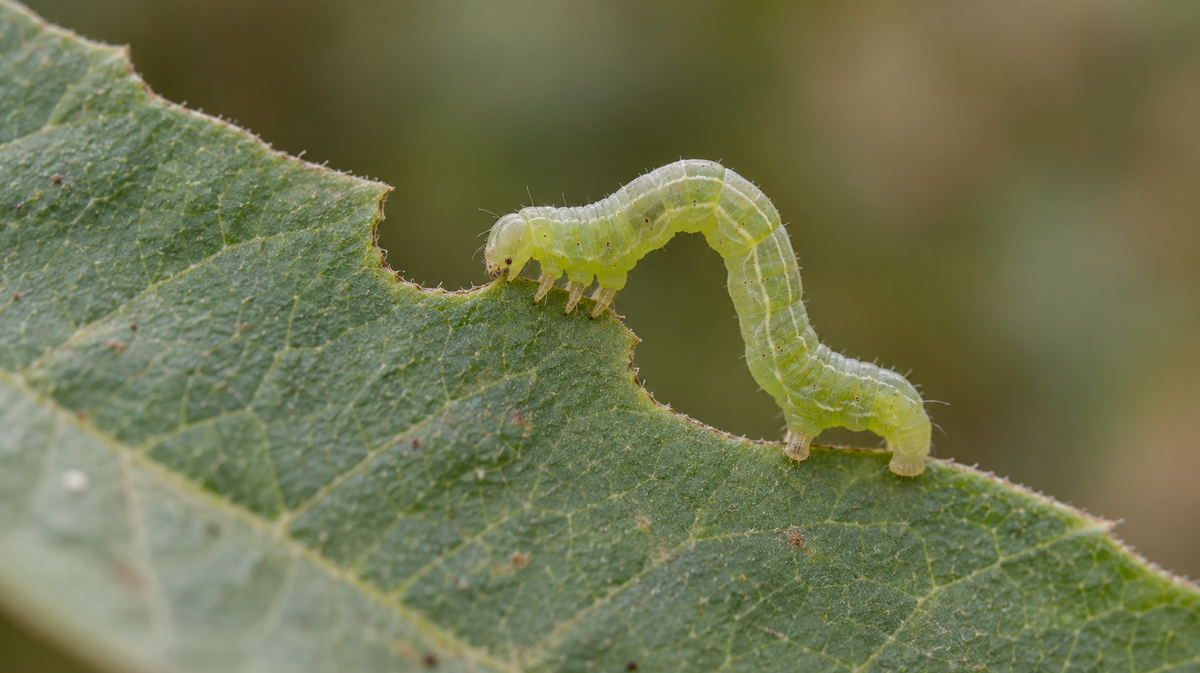 A green inchworm feeding at the edge of a leaf