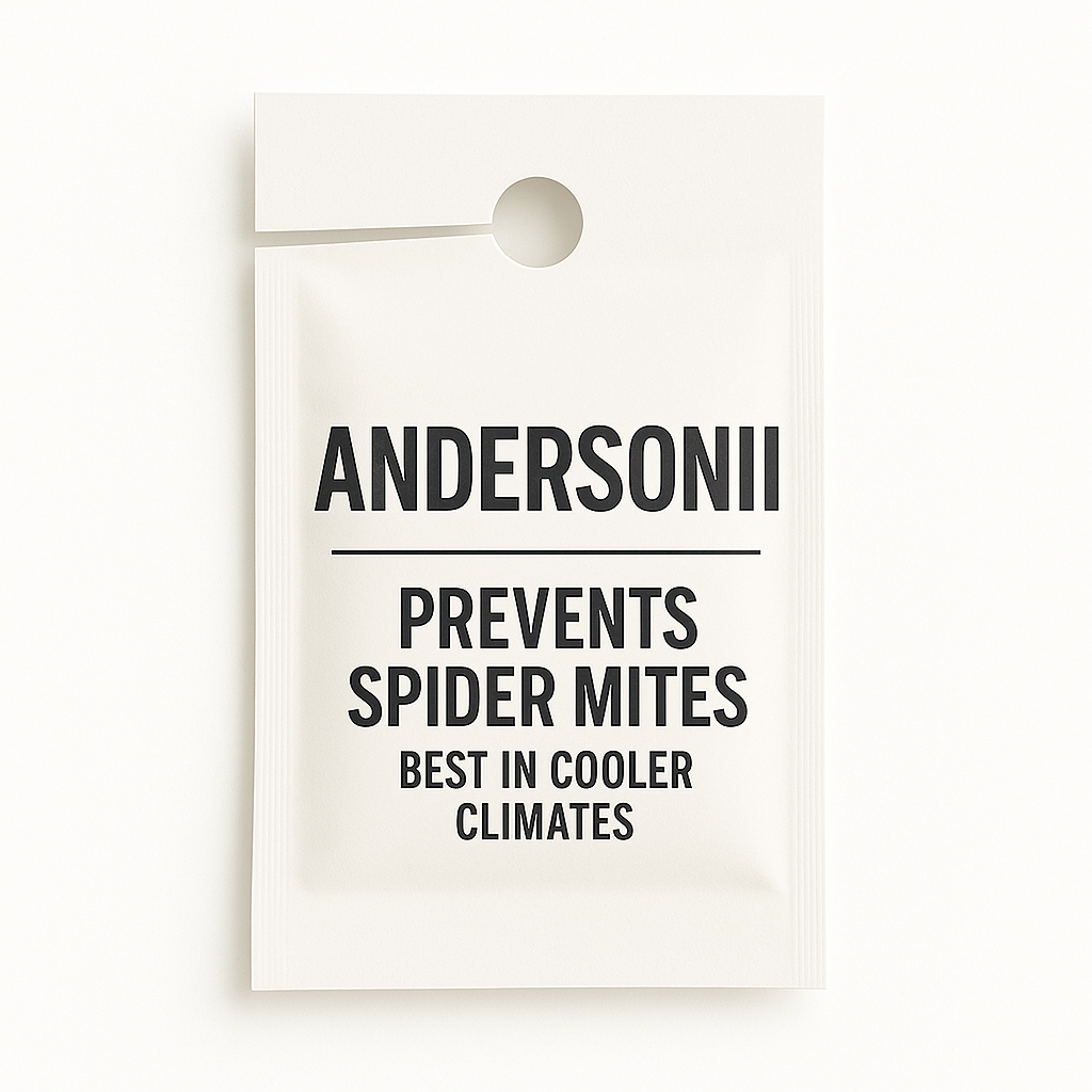 White sachet labeled “ANDERSONII – Prevents Spider Mites – Best in Cooler Climates,” designed for biological pest control, displayed on a clean background.
