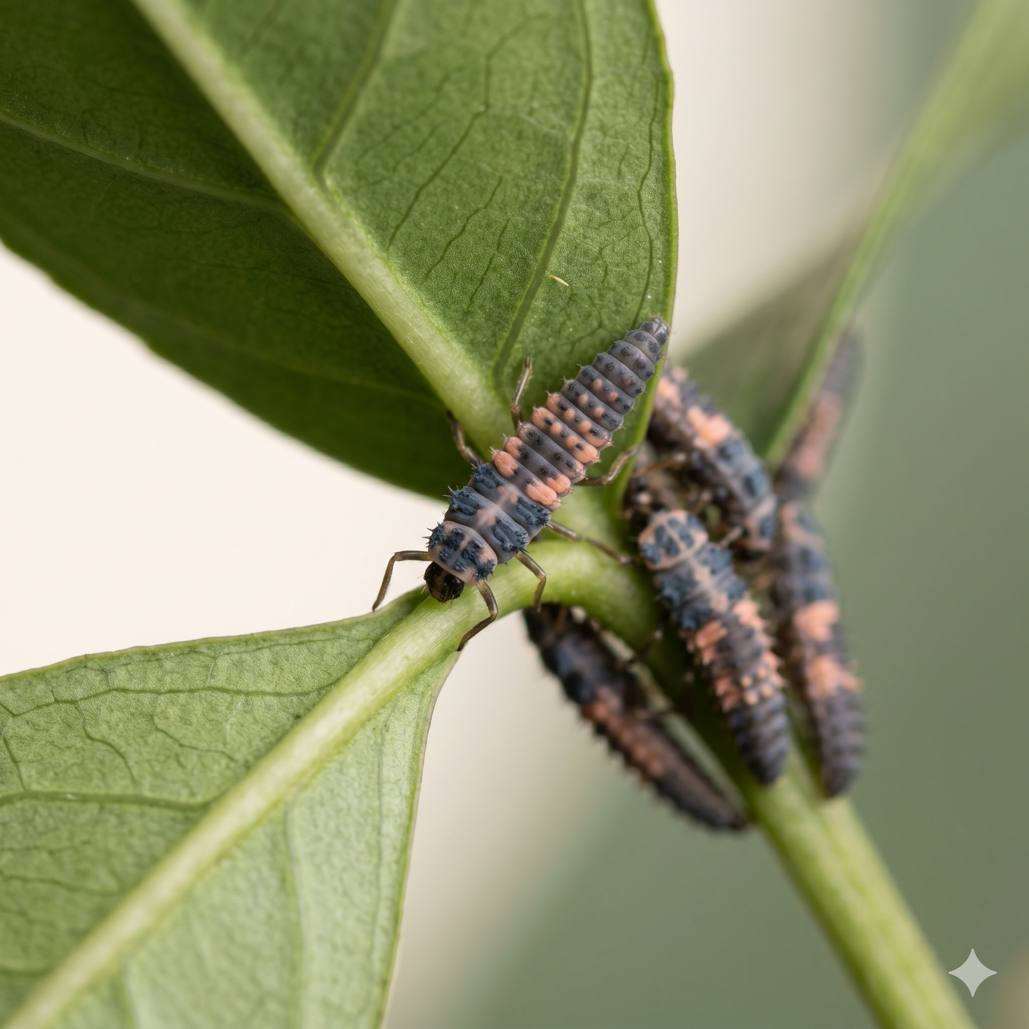A cluster of pink-spotted lady beetle (Coleomegilla maculata) larvae on the underside and stem of a healthy green leaf.