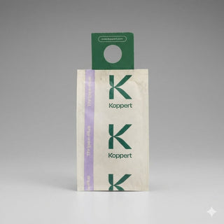 A Koppert Thripex-Plus sachet standing upright on a grey background: a cream paper sachet printed with a repeating green Koppert "K" logo, with a lilac vertical band down the left edge reading Thripex-Plus, topped by a green cardboard hanging tab with a round hole and www.koppert.com.