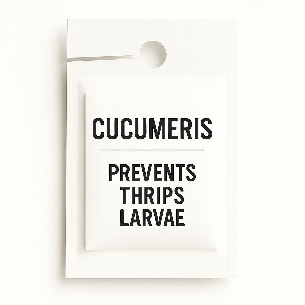 Cucumeris sachet labeled ‘Prevents Thrips’ for biological pest control in plants.