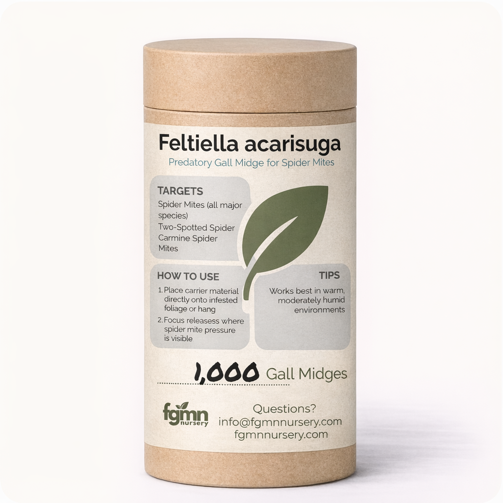 A cylindrical container labeled Feltiella acarisuga, a predatory gall midge for spider mite control, includes details on targets, usage instructions, tips, contact info, and notes 1,000 Gall Midges with a green leaf graphic on the label.