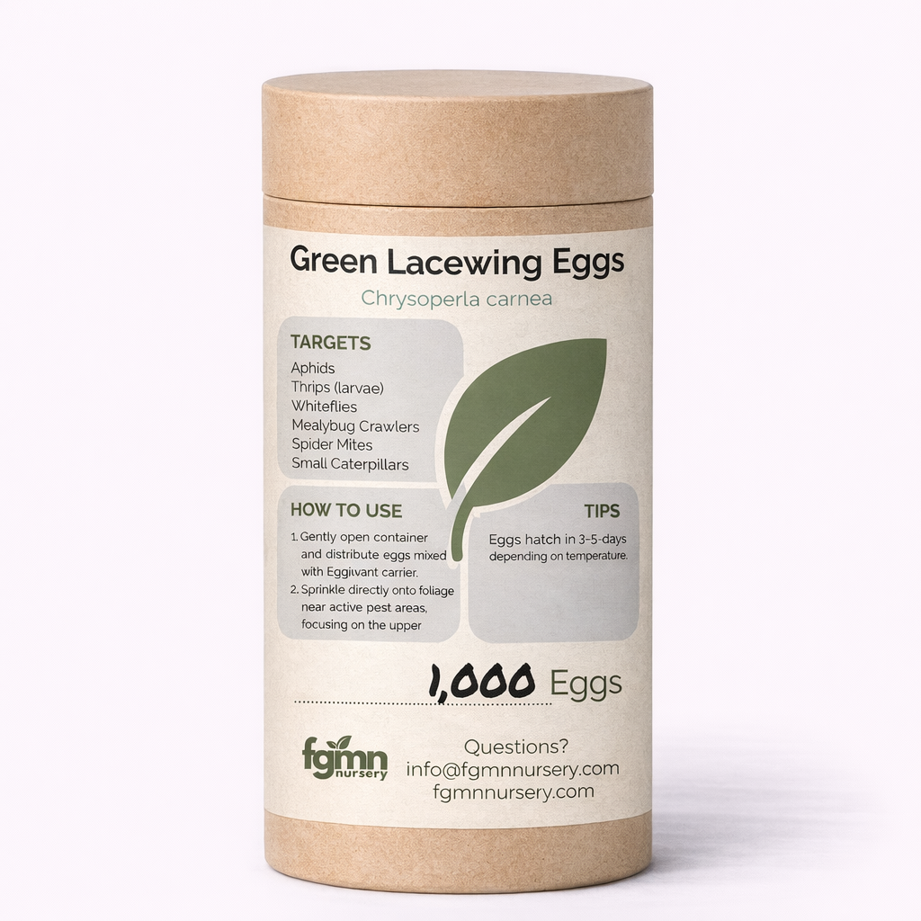 A cylindrical container labeled Green Lacewing Eggs, with care instructions, usage tips, a leaf graphic, and "1,000 Eggs" on the front. The fgmn nursery brand and contact info appear at the bottom for Integrated Pest Management.