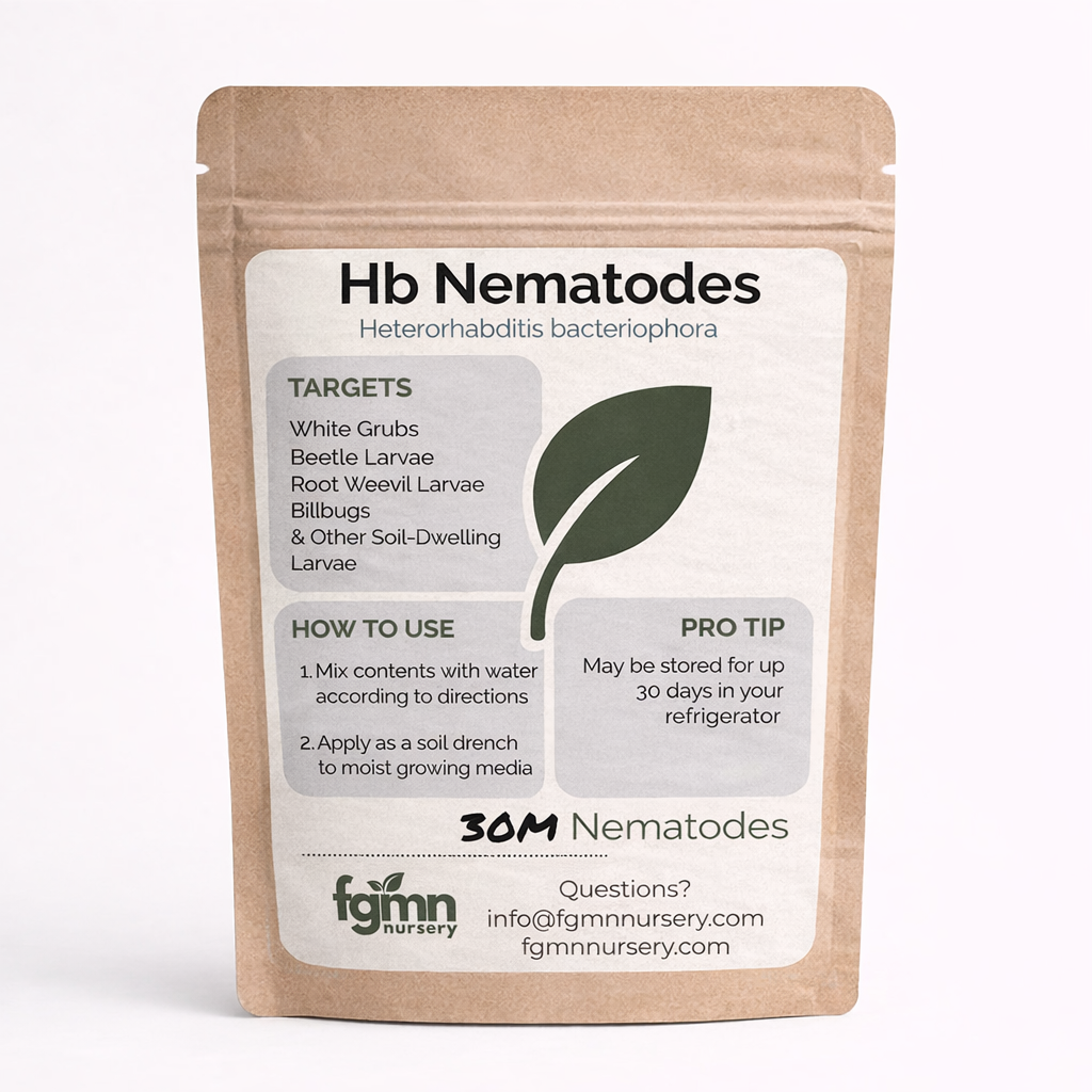 A brown paper package labeled Hb Nematodes featuring use instructions, pest targets, a green leaf design, and fgmn nursery branding. Contains 30 million Heterorhabditis bacteriophora nematodes for effective lawn grub control.