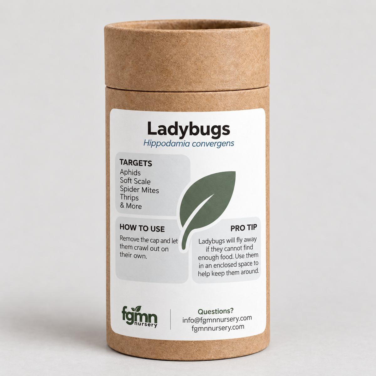 Kraft tube of FGMN ladybugs, Hippodamia convergens, labelled for aphids, soft scale, spider mites and thrips, with release directions on the front.