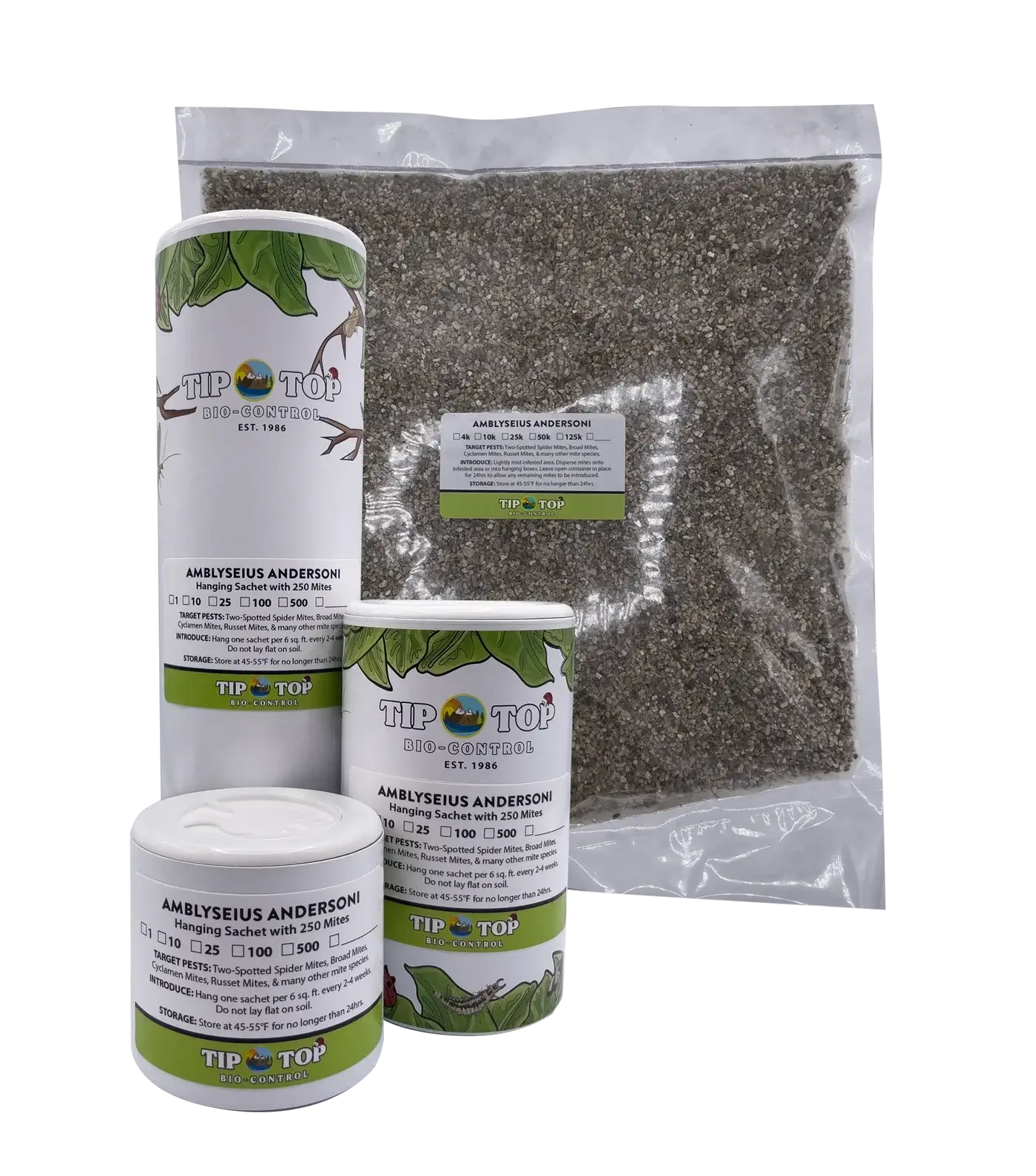 Alt Tag: Bottles and packets of Amblyseius andersoni predatory mites for versatile pest control in greenhouses and outdoor crops.