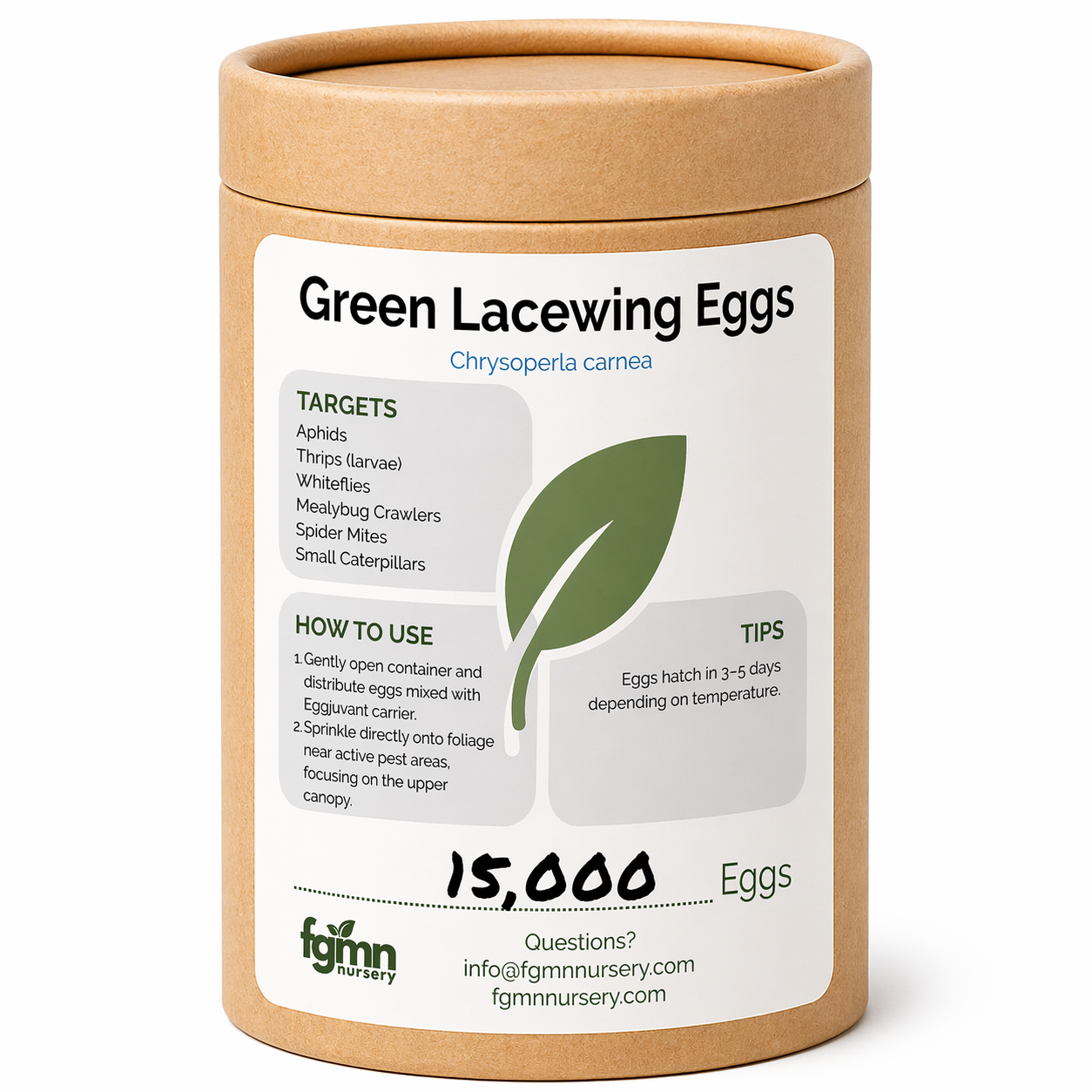 Container of 15,000 Green Lacewing Eggs with label on a white background