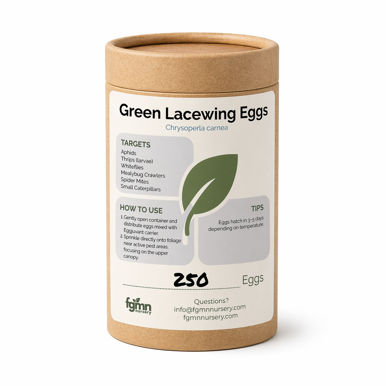 Container of 250 Green Lacewing Eggs with label on a white background