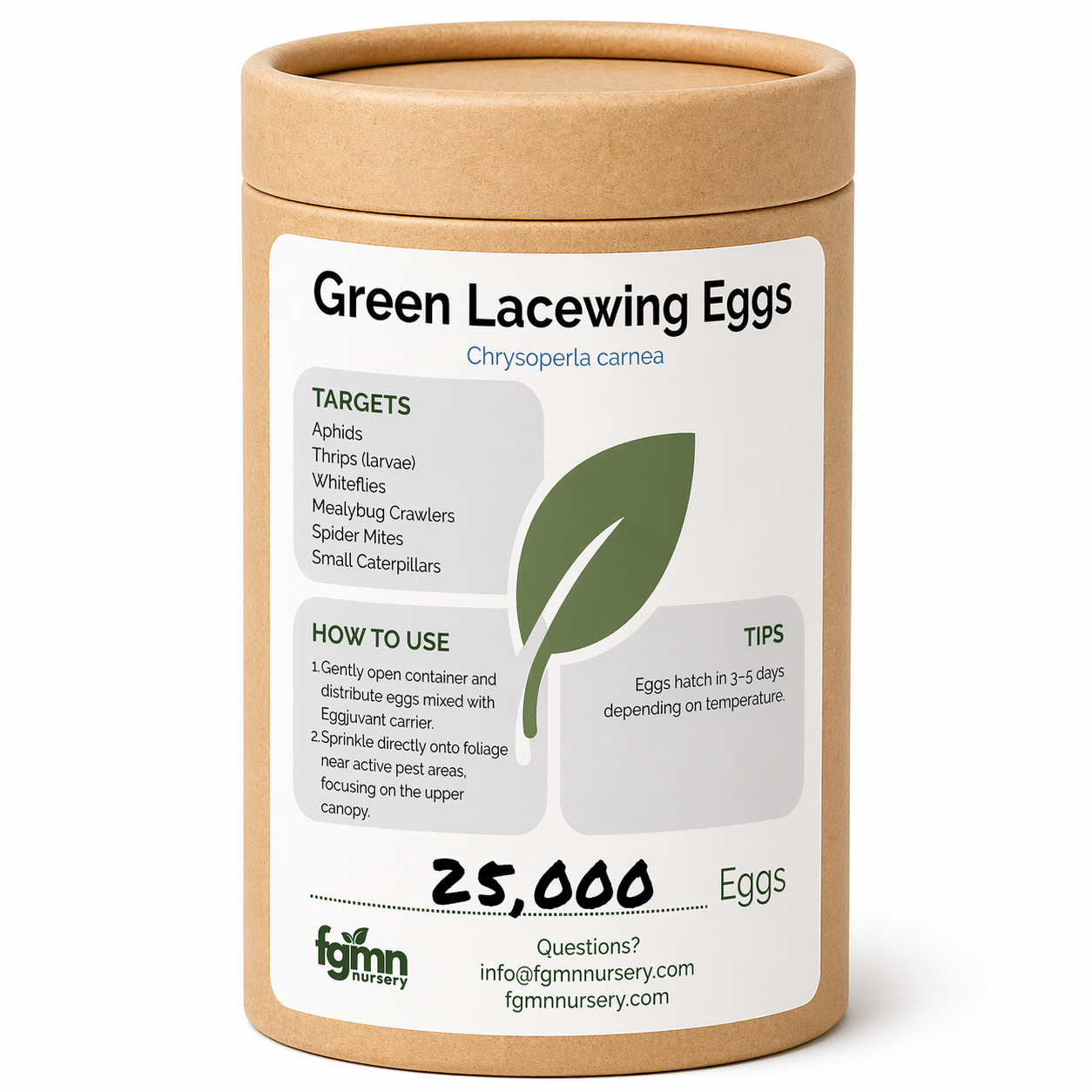 Container of 25,000 Green Lacewing Eggs ready for deployment against aphids.