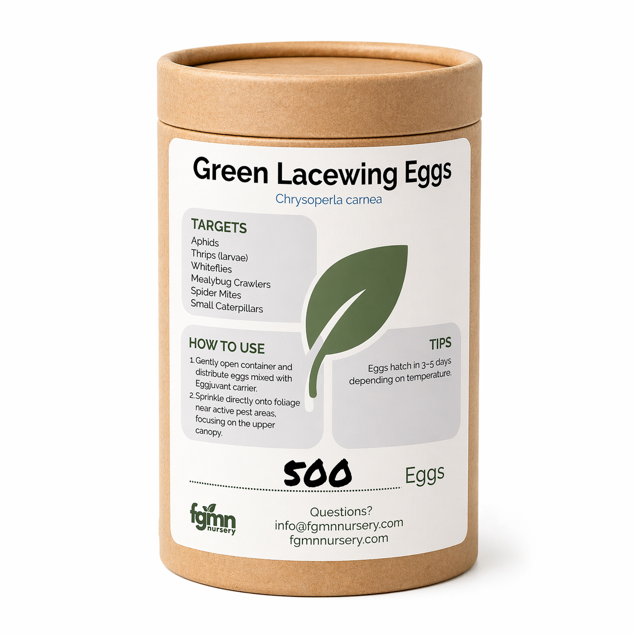 Container of 500 Green Lacewing Eggs with label on a white background