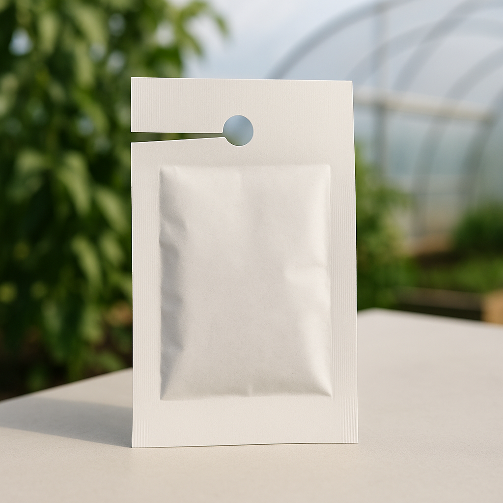 White hanging sachet for thrips prevention in greenhouses or indoor plant setups.