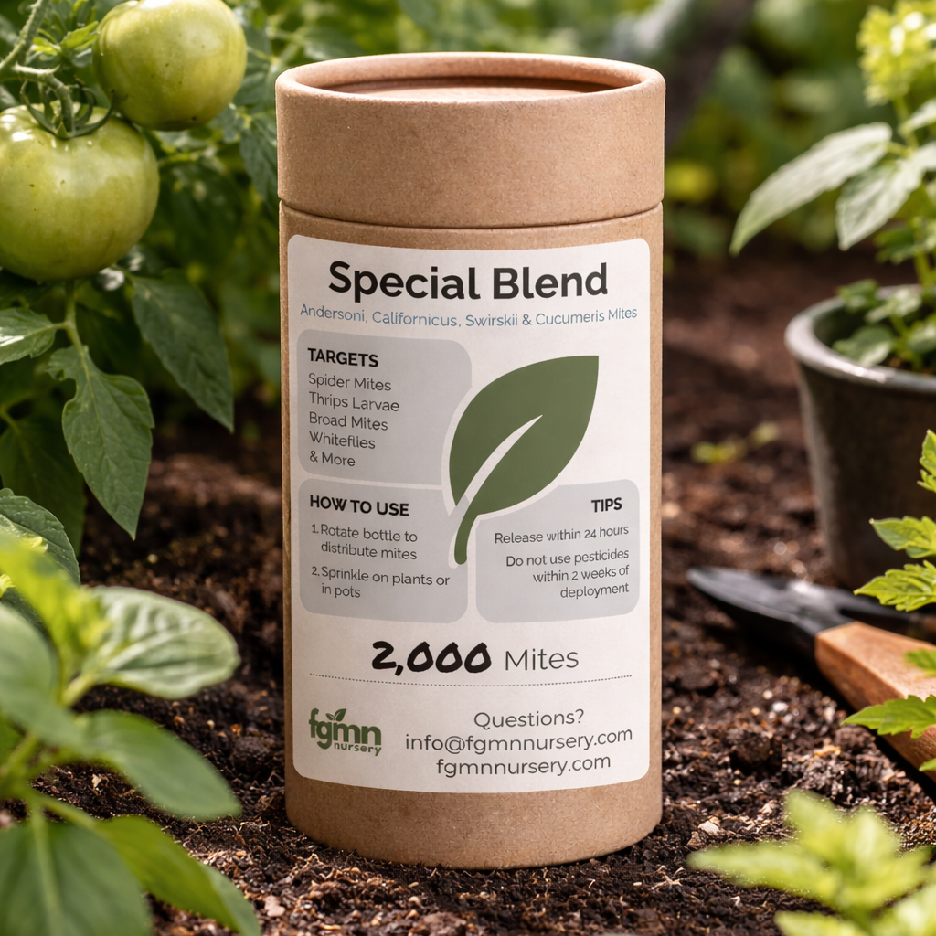 Special Blend Predatory Mite Blend bottle places in the tomato garden that it is protecting.