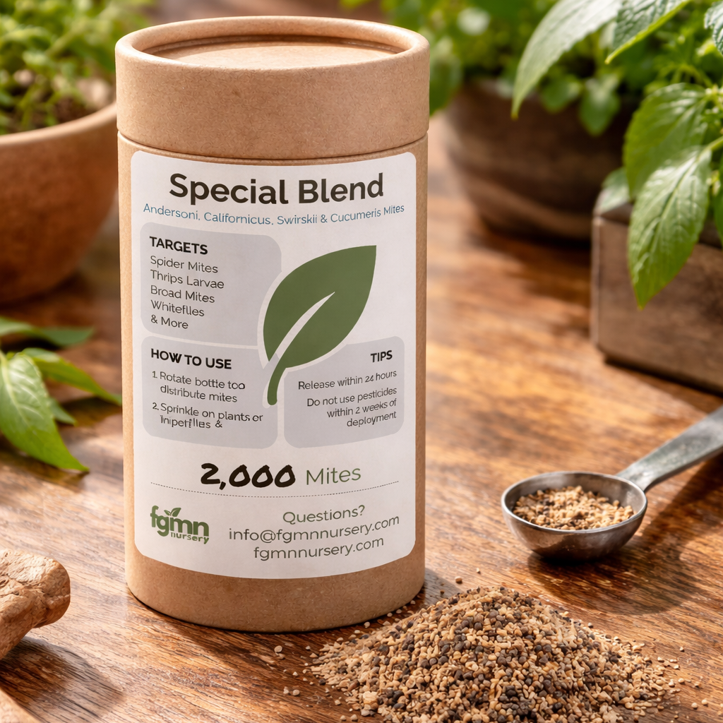 Kraft paper container labeled 'Special Blend' showing the carrieri material with predatory mites on a wooden surface with plants in the background