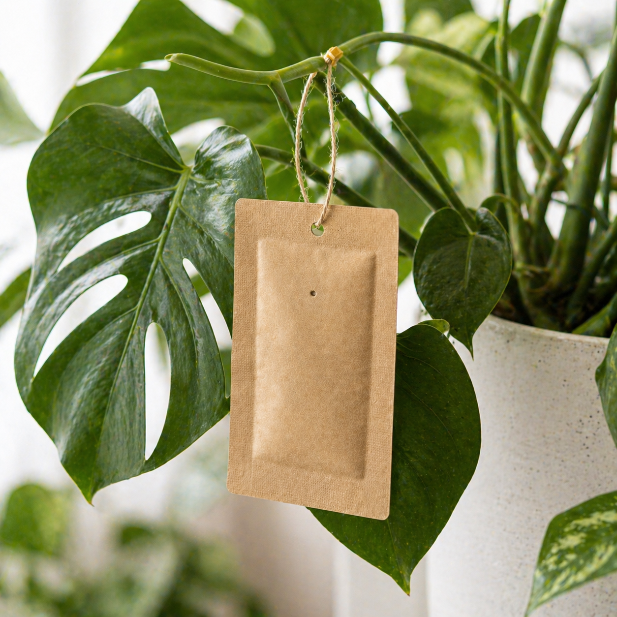Special Blend sachet hanging on a monstera preventing pests from attacking the plant.