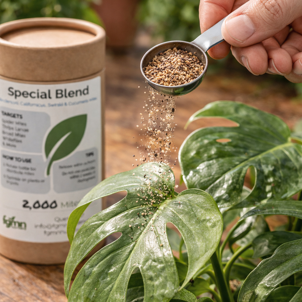 Person measuring and applying Special Blend plant predatory mites onto a Monstera plant on a wooden surface.