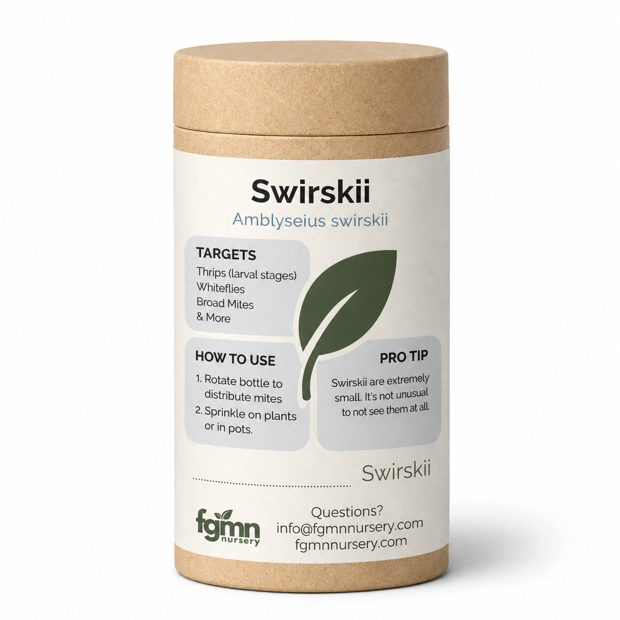 Swirskii product container with label on a white background