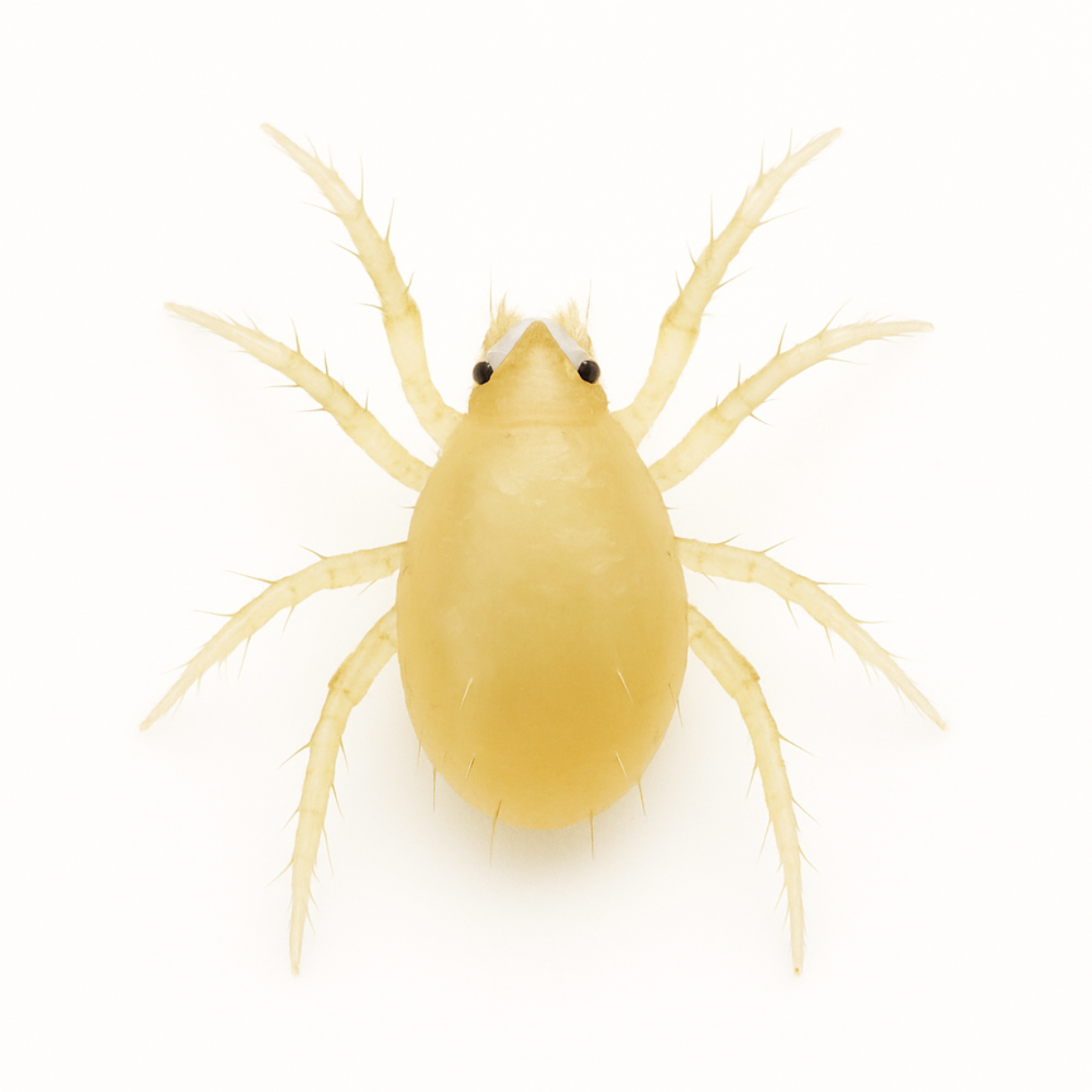 Amblyseius swirskii predatory mite on a white background – beneficial mite used in biological control of thrips, whiteflies, and other greenhouse pests.