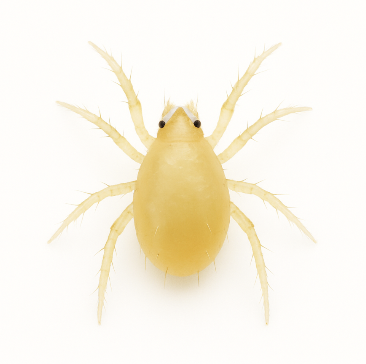 Amblyseius swirskii predatory mite on a white background – beneficial mite used in biological control of thrips, whiteflies, and other greenhouse pests.