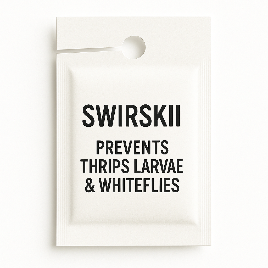 Swirskii predatory mite product packaging with text on a white background
