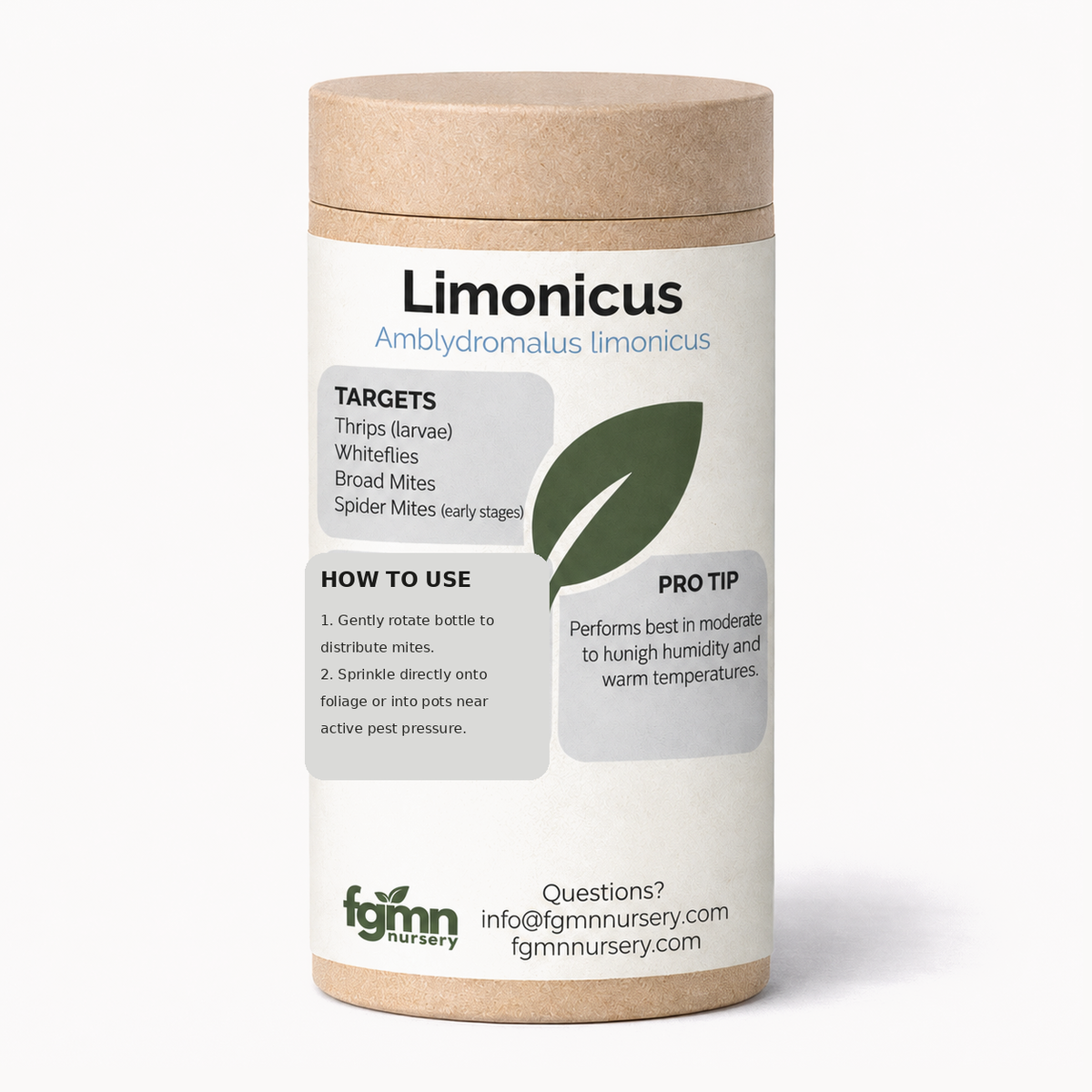 Kraft tube of FGMN Amblydromalus limonicus predatory mites, labelled for thrips and whitefly.
