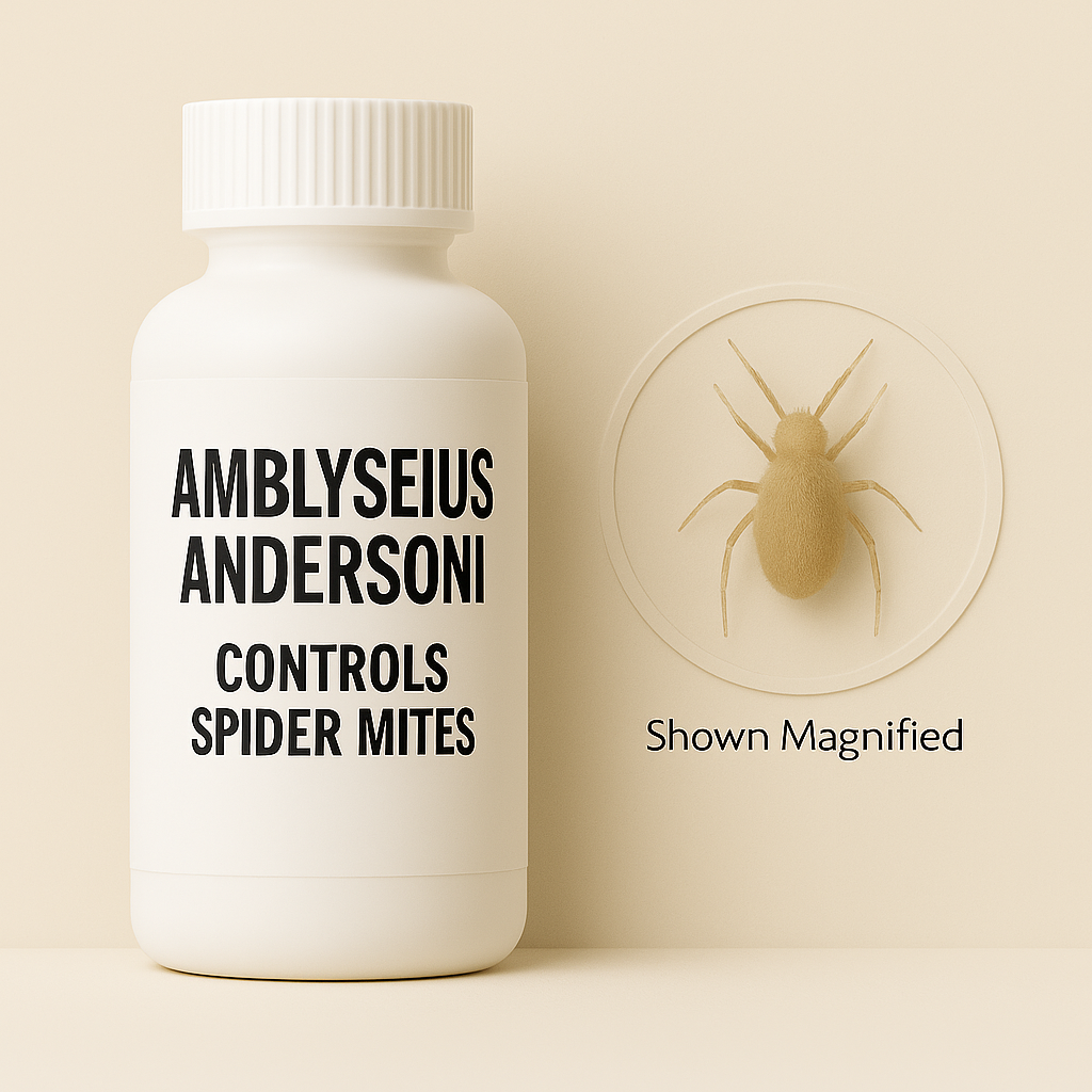 White bottle labeled Amblyseius andersoni with a magnified pale predatory mite beside it in an etched circle, shown against a beige background, representing biological control of spider mites.