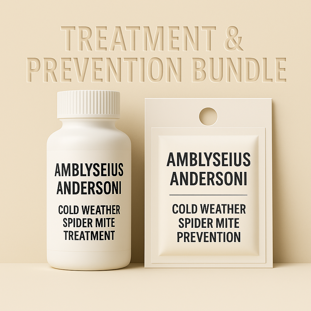Beige background featuring a white bottle labeled “Amblyseius andersoni – Cold Weather Spider Mite Treatment” and a matching sachet labeled “Amblyseius andersoni – Cold Weather Spider Mite Prevention,” representing a bundled system for treating and preventing spider mites in cooler conditions.