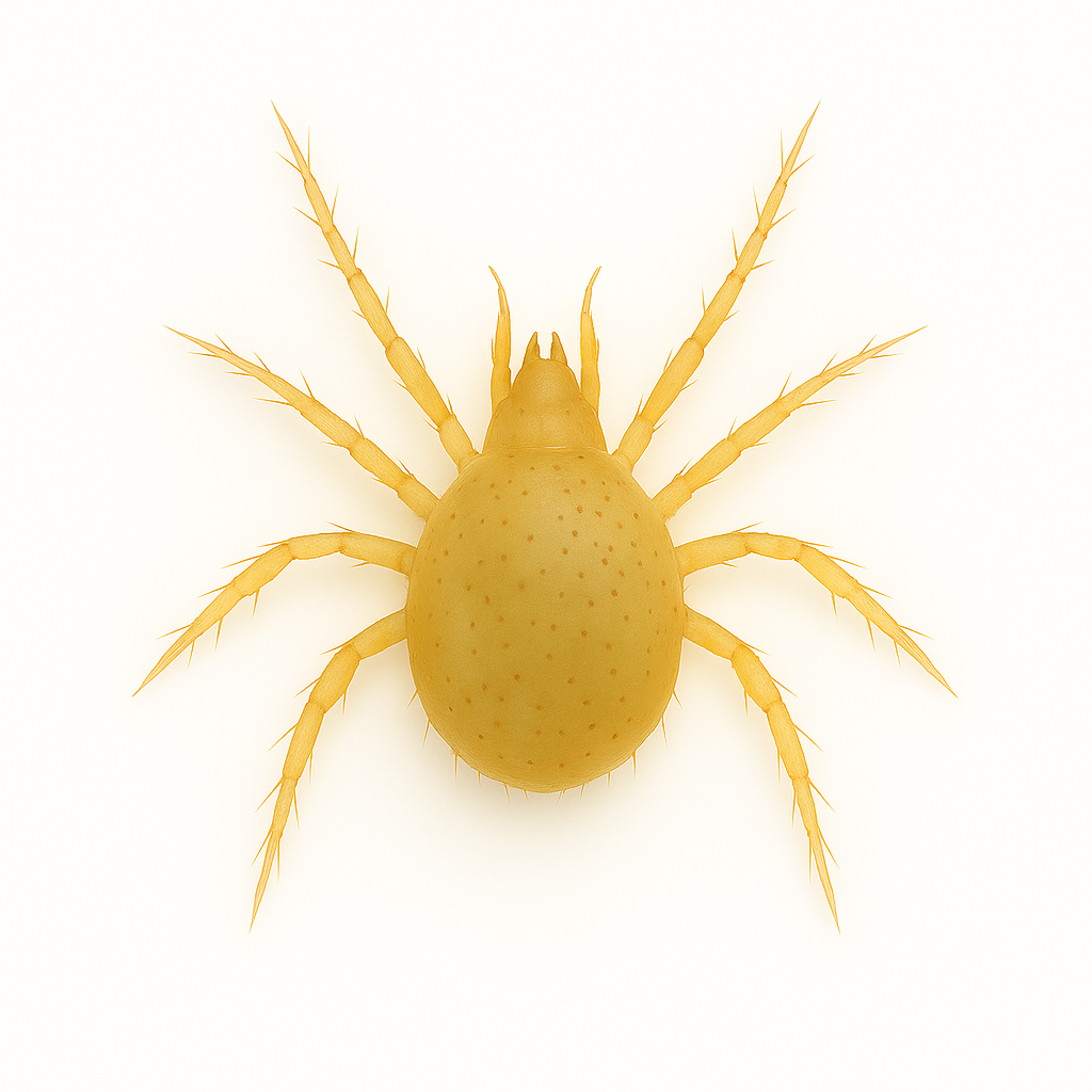 Amblyseius andersoni predatory mite on pure white background – beneficial mite for biological control of spider mites, effective in cooler climates for greenhouse and crop systems.
