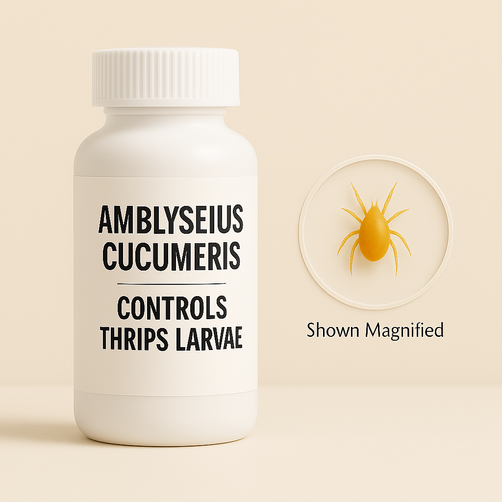 White bottle labeled Amblyseius cucumeris with a magnified amber-colored mite in an etched circle, shown against a beige background, representing biological control of thrips larvae.