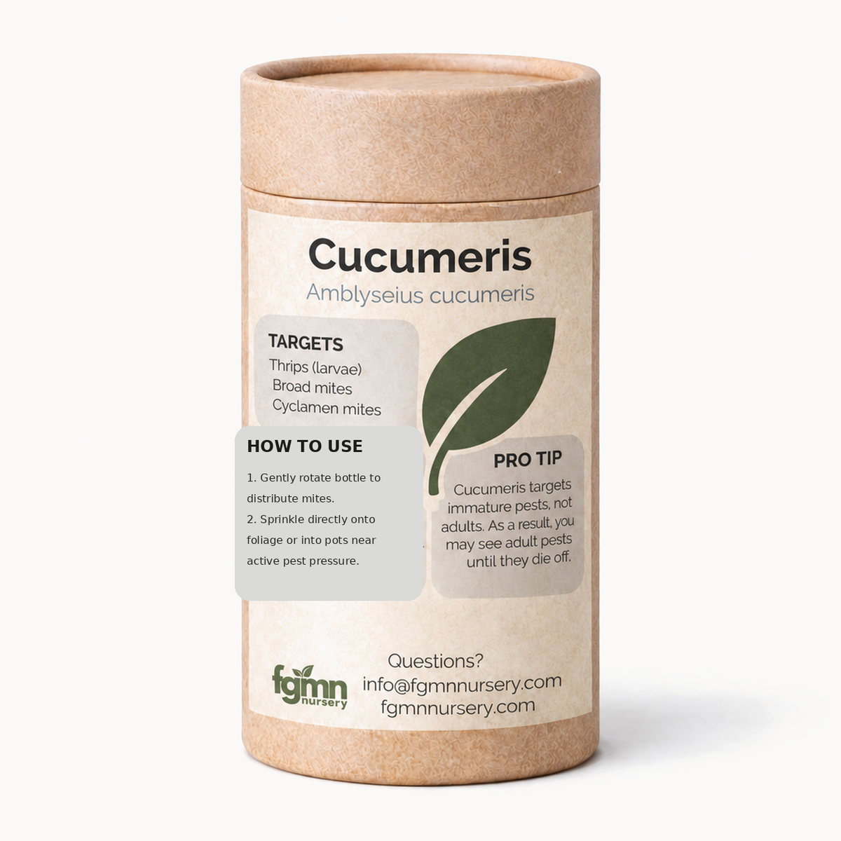 Kraft tube of FGMN Amblyseius cucumeris predatory mites, labelled for thrips larvae.